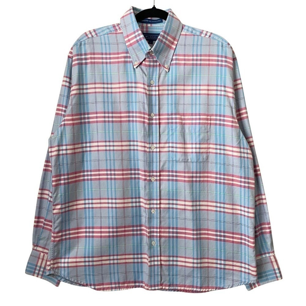 J. McLaughlin Shirt Mens Large Blue Pink‎ Plaid Superfine 100 Cotton Long Sleeve